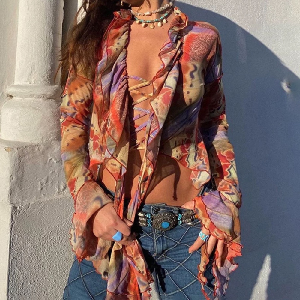 Colorful Sheer Ruffled Top